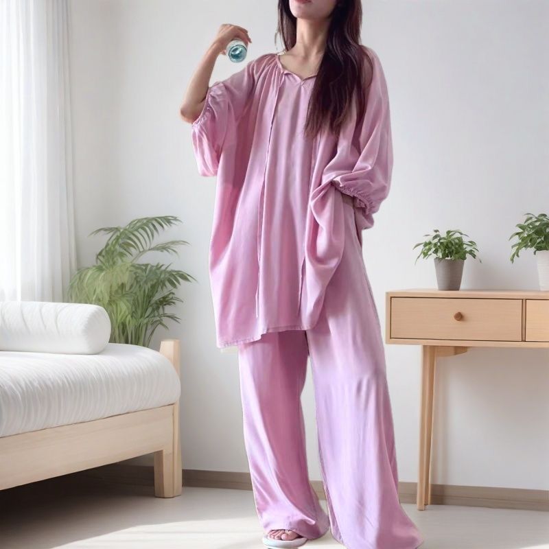 棉绸睡衣家居服慵懒国风睡衣女夏季圆领空调服百搭|undefined