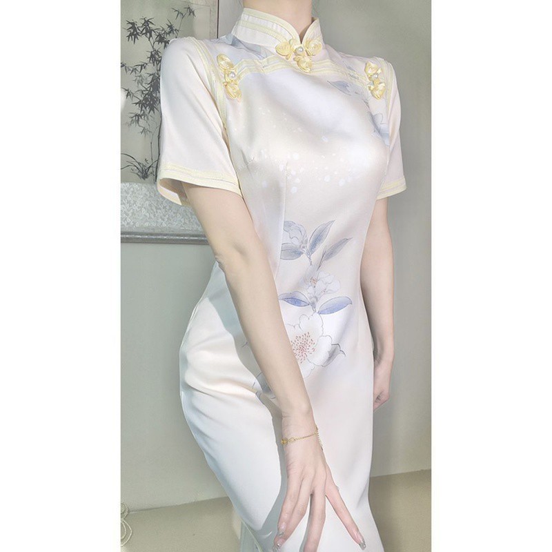 Improved Cheongsam dress Women's Summer 2024 New Short-sleeved Elegant Plain Elegant High-end New Chinese Style Long Dress