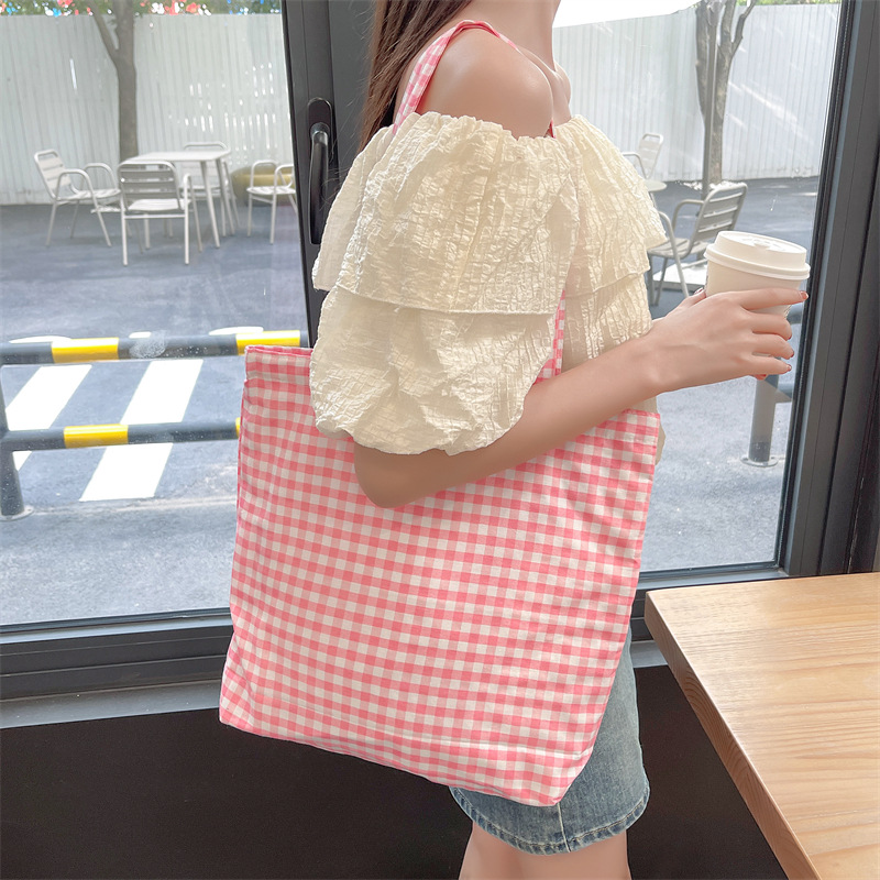 Single Shoulder Strap Strap Type Shoulder Bag, Shopping bags Bags Type Women's Classic Style Lattice Canvas Shopping Bags