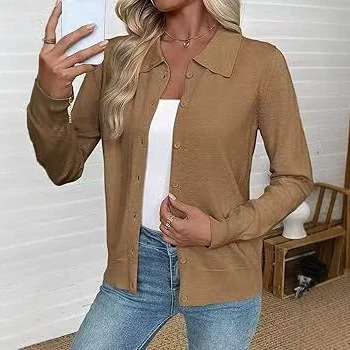 Cross-Border European and American Foreign Trade Amazon Spring and Autumn Fashion Lapel Long-Sleeved Knitted Cardigan Versatile Slim-Fit Top Jacket for Women