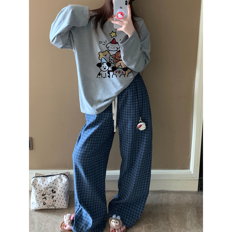 2025 New Pure Cotton Pajamas for Women, Spring and Autum Sweet and Cute Long-Sleeved Plaid Pants, Winter Outer Wear Home Clothes