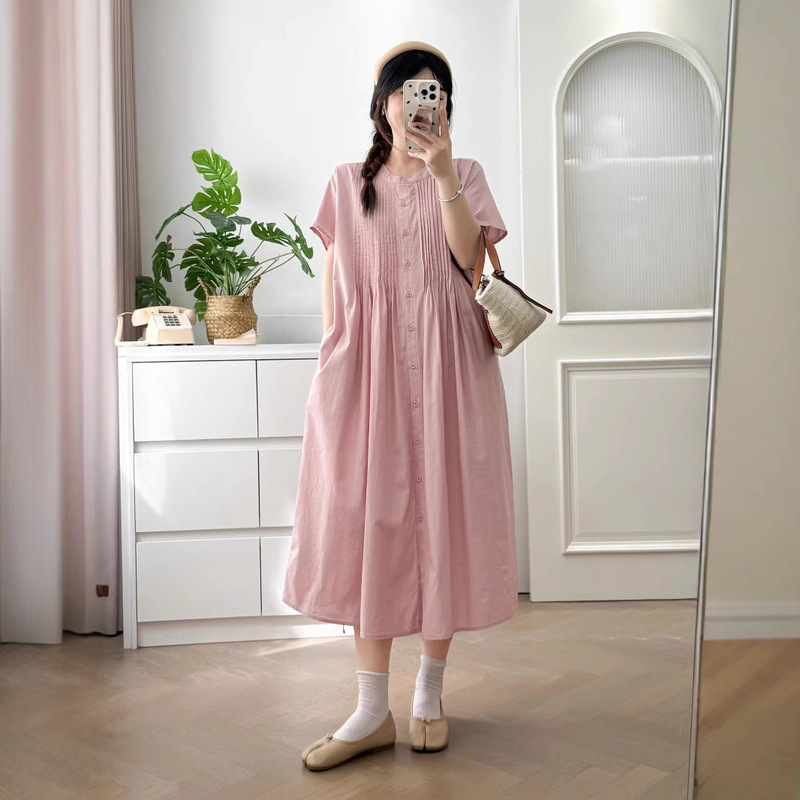 Japanese Style Organ Pleated Waist Lace-up Cotton and Linen dress Summer New Loose All-match Age-reducing Artistic Mid-length Skirt