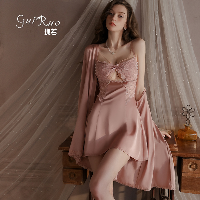 Rose if sweet and smooth ice silk pajamas pure desire plus size temptation plus breast pad nightgown robe home clothing suit 4520 Rose if sweet and smooth ice silk pajamas pure desire plus size temptation plus breast pad nightgown robe home clothing suit 4520