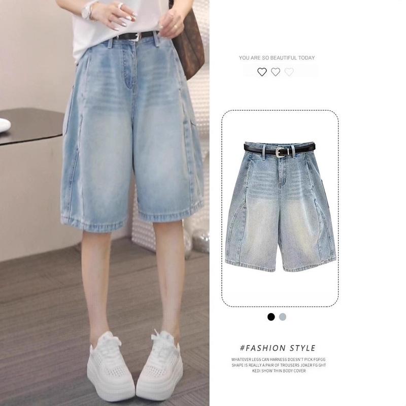 European-Style Floral Cargo Five-Point Denim Shorts for Women, Summer Thin Plus-Size Loose Slimming Casual Wide-Leg Pants