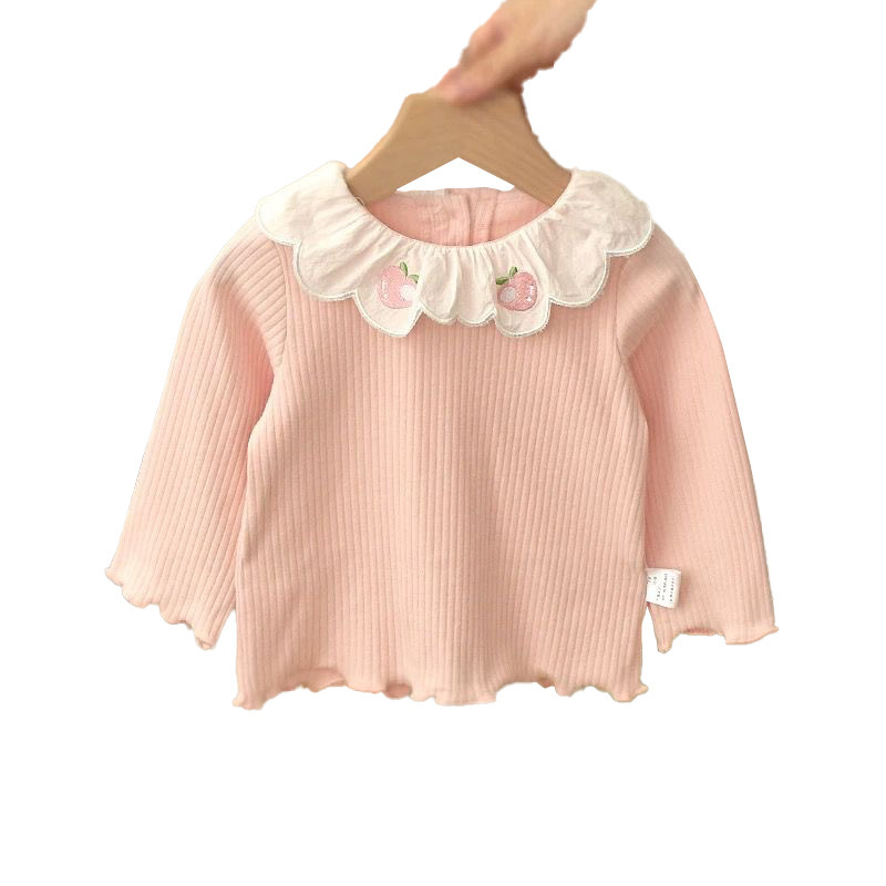 女の赤ちゃんの質感の細いピットストリップ Tシャツ女の赤ちゃん春の新しい女の子の刺繍愛の花びら襟ボトリングシャツ|undefined