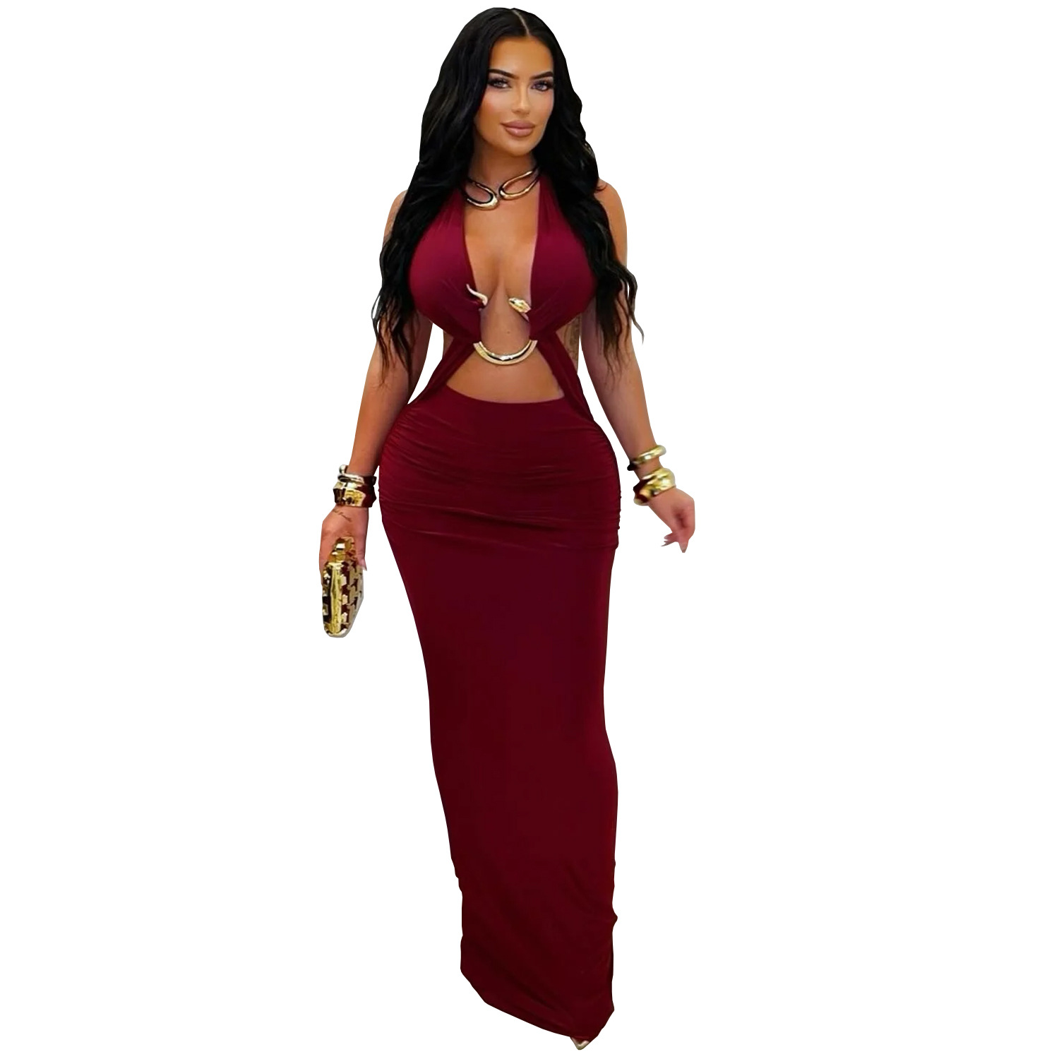 C7572 Aliexpress transfronterizo amazon ropa de moda europea y americana sexy delgada de color sólido correa de brazo vestido image 8