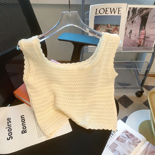 Forest Girl Style Small Flower Embroidered Knitted Backless Top for Women, Summer Outerwear Crochet Lattice Straps Sweet and Spicy Trend Short-Sleeve Tank Top