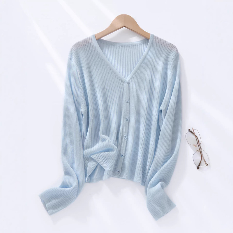 Blue Ice Silk Ribbed V-Neck Loose Knit Cardigan Outerwear 2026 New Summer Thin Jacket Early Spring