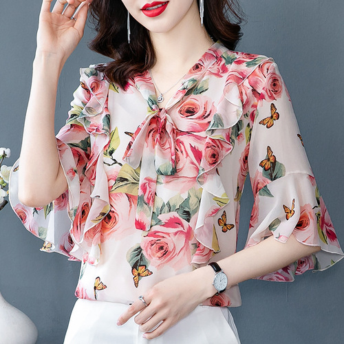 Loose women floral flowers chiffon shirt with short sleeves fashionable floral printed ruffles blouse top shirts for female