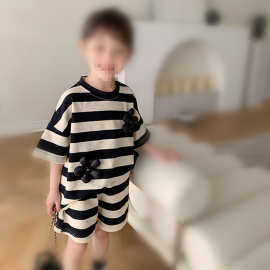 童装批发女童套装夏季25新款儿童韩版黑白条纹短袖T恤短裤两件套