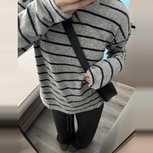 220克羊毛绒条纹长袖内搭T恤女春秋新款设计感宽松显瘦打底衫上衣