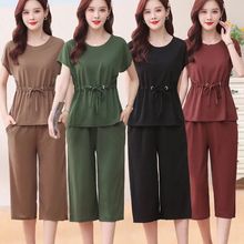 农村地摊货源批发纯色奶奶短袖中老年休闲妈妈装夏季时尚套装女