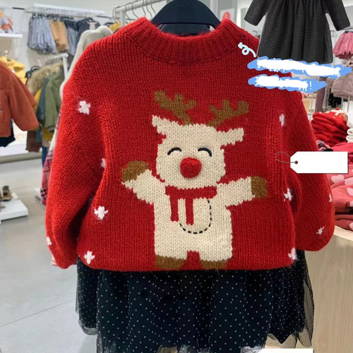 Red New Year greeting suit three-dimensional nose boys and girls Christmas sweater pullover sweater top children's sweater wholesale