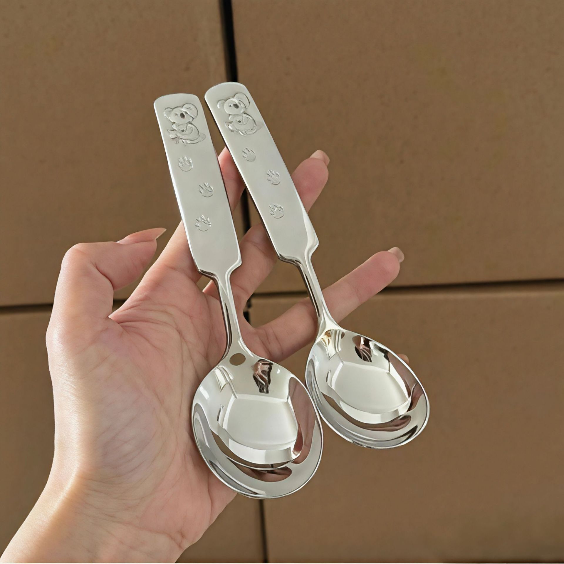 Paslanmaz Çelik Koala Çizgi Film Desenli Çocuklar İçin Derin Başlı Kısa Saplı Bebek Yemek Kaşığı, Çorba Kaşığı_voghion.com