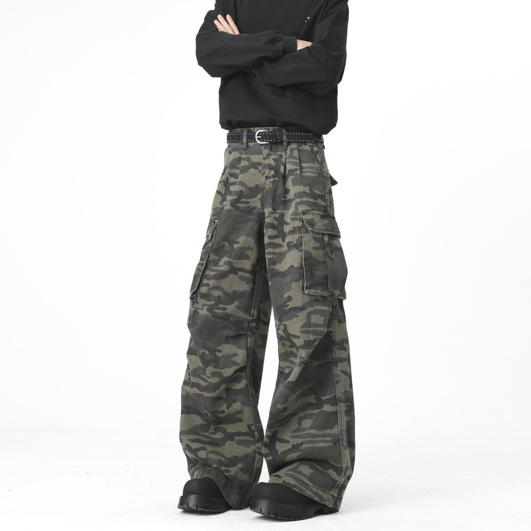 American High Street Vibe Style Pleated Camouflage Pants Men's Spring and Summer Retro Hip-Hop Jeans Loose Wide-Leg Slightly Flared Pants