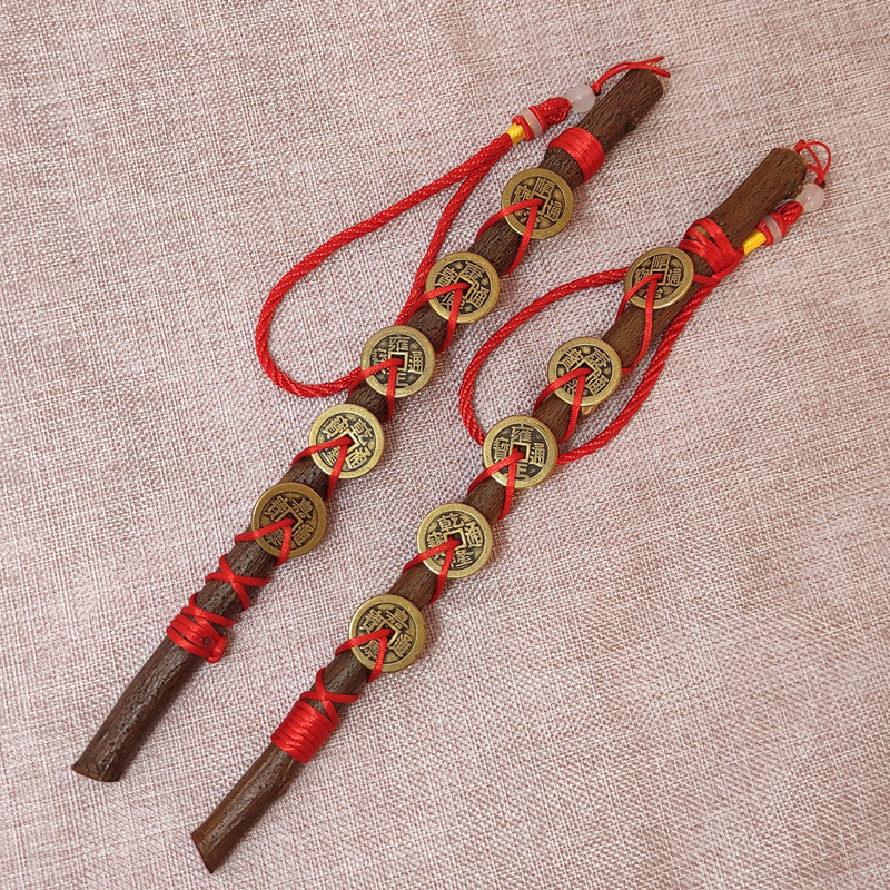 Wholesale peach wood sticks, portable for babies, pregnant women, and the elderly, suitable for placing on the bedside table in the bedroom; pure copper five-emperor coins.