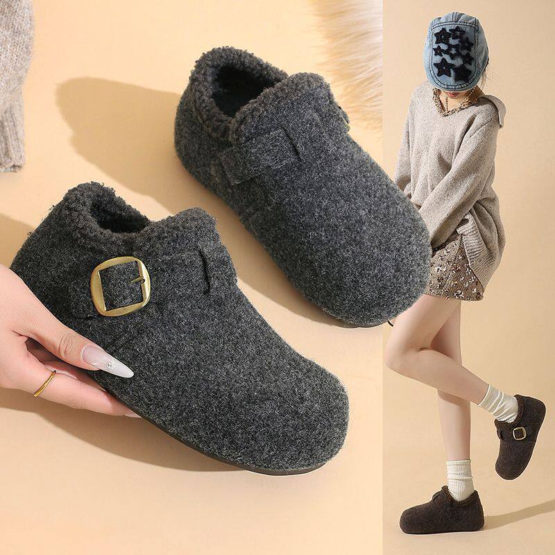 Giày lười nữ dạ lót lông dày, đế bằng tăng chiều cao bên trong, đi hai kiểu, giữ ấm mùa đông — TB01 Quần cotton nữ viền lông - Màu nâu cà phê [Hộp], TB01 Quần cotton nữ viền lông - màu xám [hộp]