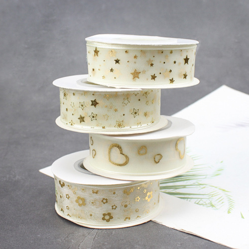 Fantasy chiffon mesh bronzing star love ribbon gauze ribbon Valentine's Day cake flower gift box packaging decoration