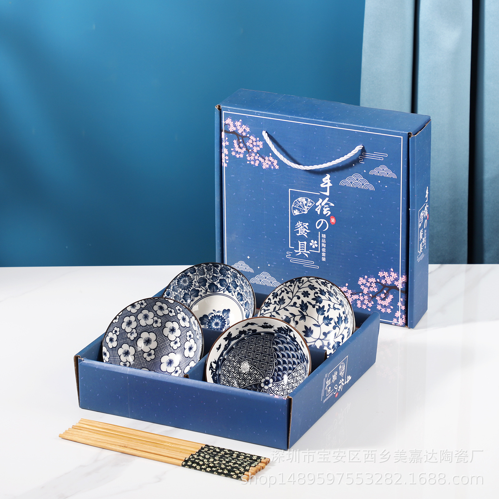 Regalo bohemio tazón de cerámica y palillos traje al por mayor tazón y plato traje hogar tazón de arroz vajilla conjunto tazón caja de regalo traje