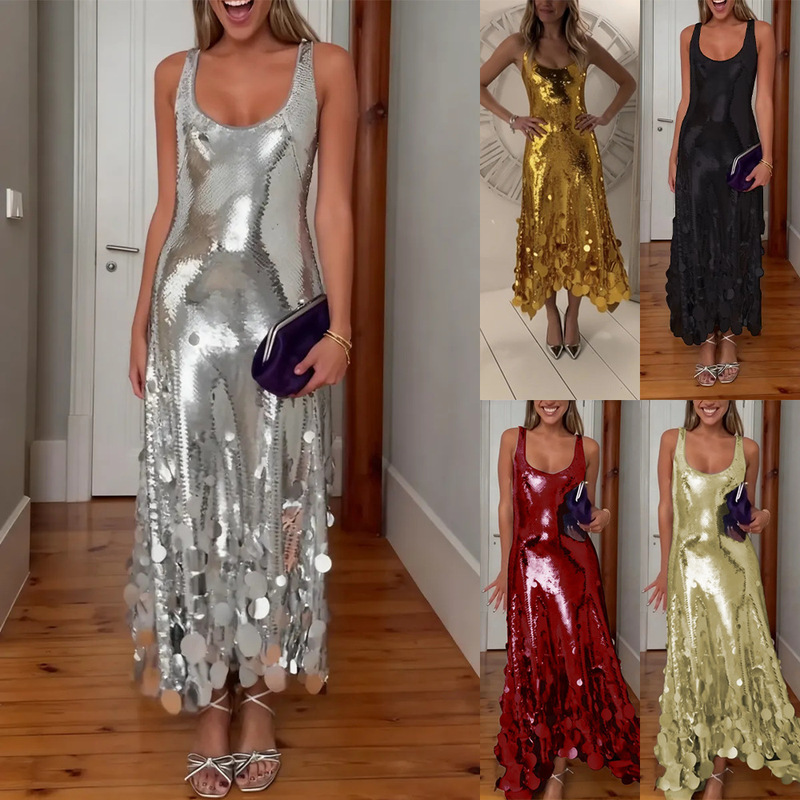 Independent Station Amazon European and American Clothing Sequin Dress Cross-Border Sleeveless Banquet Personalized Dress Sexy Women 8205