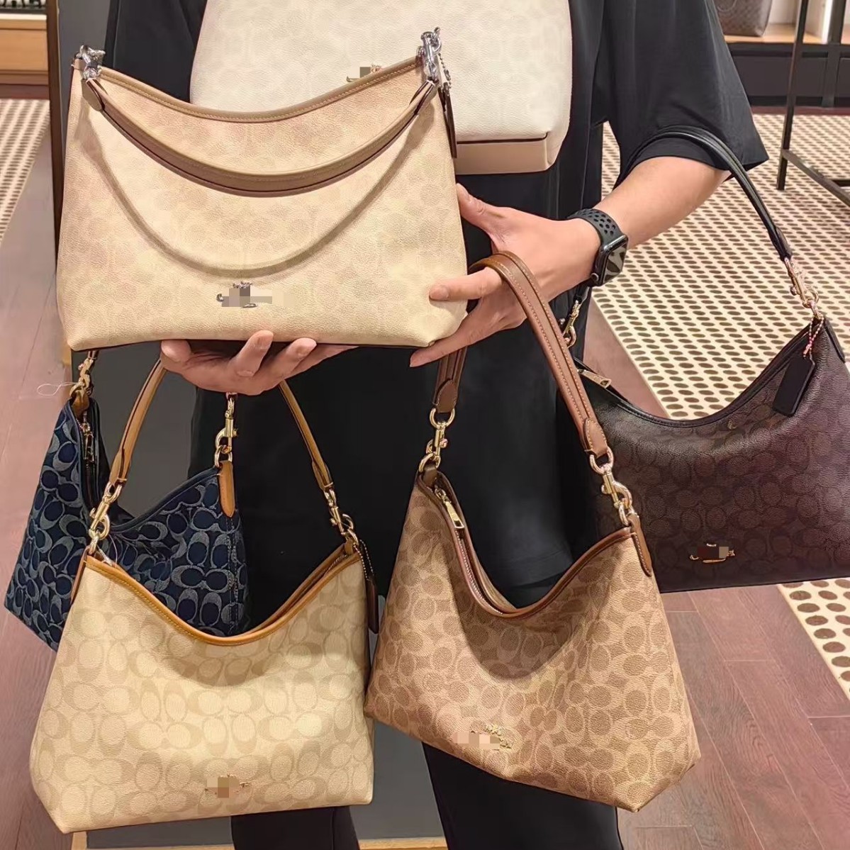 Koja 2026 new laurel31 commuter bag in milk tea color, featuring a classic monogram pattern, can be carried as a shoulder bag, crossbody bag, or handbag