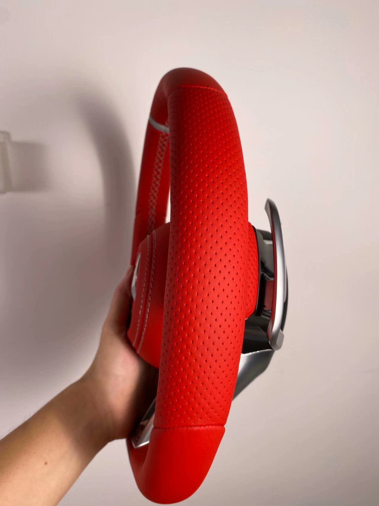 Mercedes-Benz AMG steering wheel assembly, Dragonfly flat-bottom design, red genuine leather, with full paddle shifter functionality