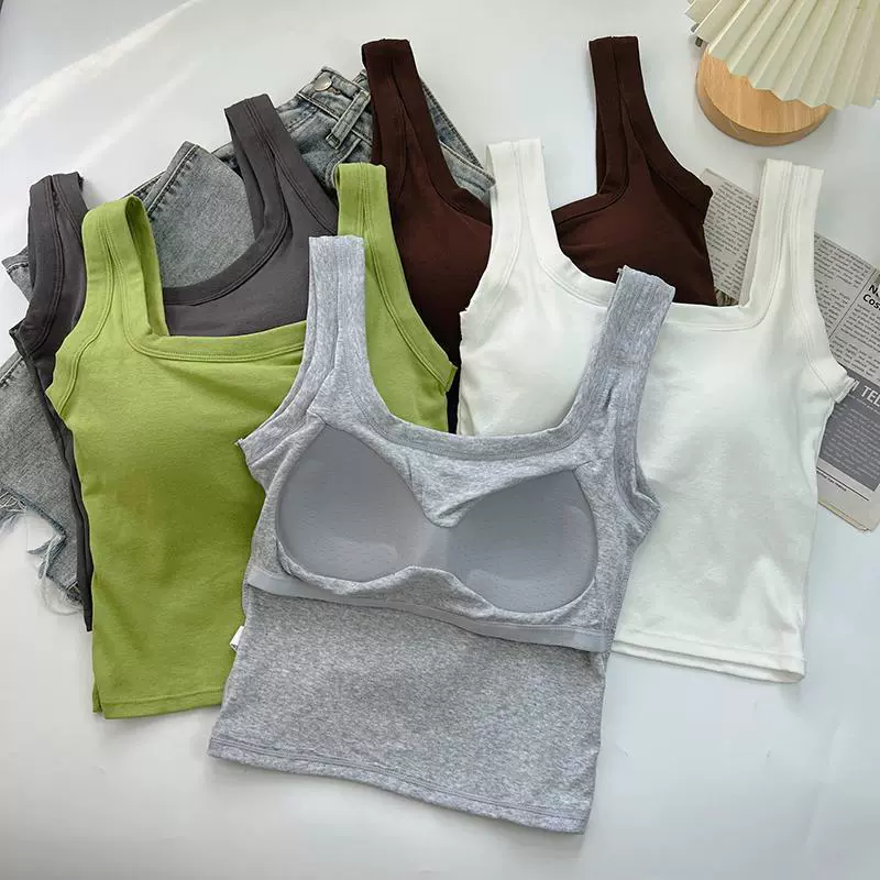 纯棉方领背心女带胸垫一体杯吊带内搭打底外穿ins潮辣妹短款抹胸