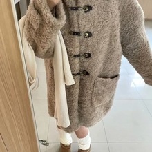 羊羔毛连帽外套女中长款2025冬韩系宽松加厚皮毛软糯毛绒大衣杏色