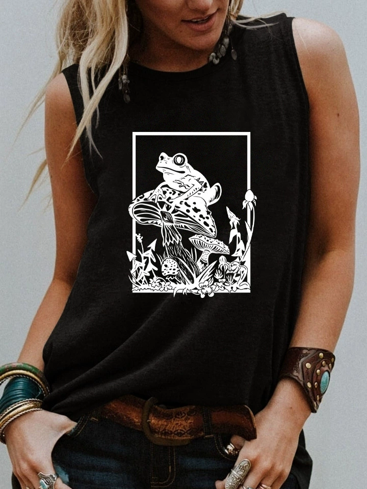 Лягушка гриб квадратный стиль, жилет без рукавов Футболка Письмо цветная печать женская одежда