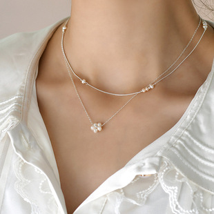 Freshwater Pearl Necklace Elegant Retro French Flower Pendant 925 Silver Light Luxury Clavicle Chain XL2834