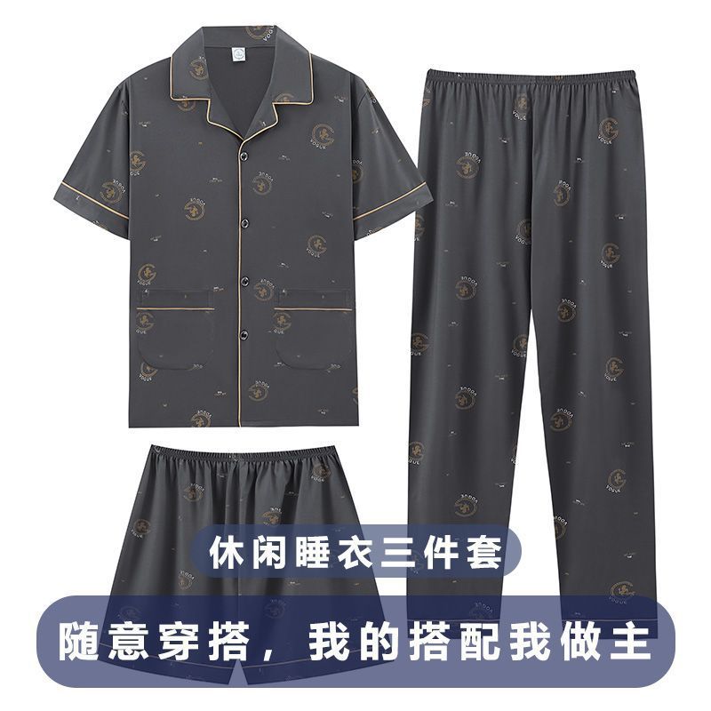 Pajamas de hombre de algodón de tres piezas, pantalones cortos de mangas cortas de verano, pantalones cortos delgados y grandes, ropa para el hogar.