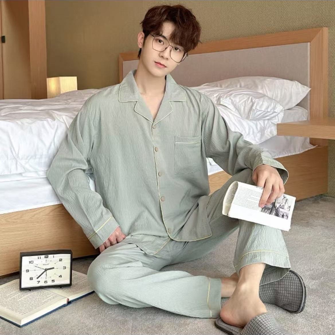 남성용 봄, 가을 잠옷, 모조 면, 루즈한 대형 캐주얼 긴팔 바지, 여름 및 겨울 스타일, 야외에서 착용 가능, 정장, 가정복