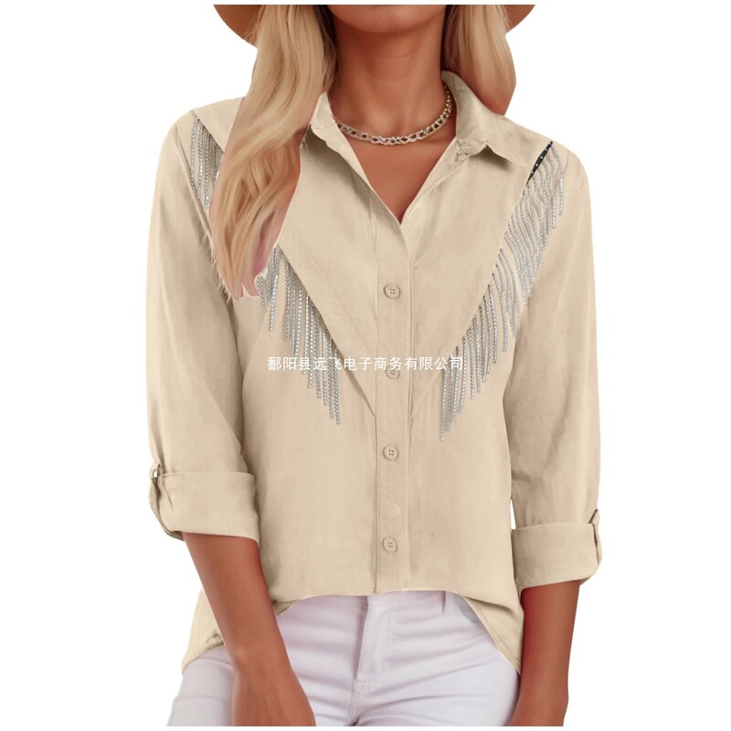 2025 Cross-Border Amazon Independent Site Summer Women's Comb Feather Print Long-Sleeve Shirt Women's Top