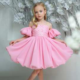 时尚花卉伴娘派对女孩裙泡袖白色婚礼公主裙蝴蝶结洗礼生日儿童