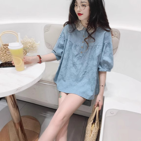 Japanese Age-reducing Jacquard Cotton Linen Short-sleeved Shirt Women's Summer Loose plus size Belly-covering Slimming Doll Shirt Pullover Top Japanese Age-reducing Jacquard Cotton Linen Short-sleeved Shirt Women's Summer Loose plus size Belly-covering Slimming Doll Shirt Pullover Top