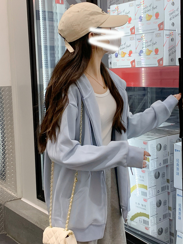 秋季外套女2025新款爆款卫衣女春秋连帽宽松小个子灰色开衫上衣女|undefined