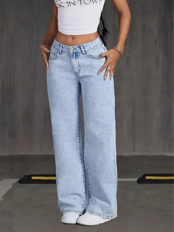 女士牛仔阔腿裤时尚简约修身显瘦百搭多工艺设计阔腿牛仔裤JEANS|undefined