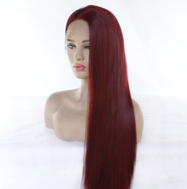 Popular damas rojo oscuro cabello recto largo pelucas de fibra química delantera encaje mitad mano tejida gorra de cabeza comercio exterior LW0093