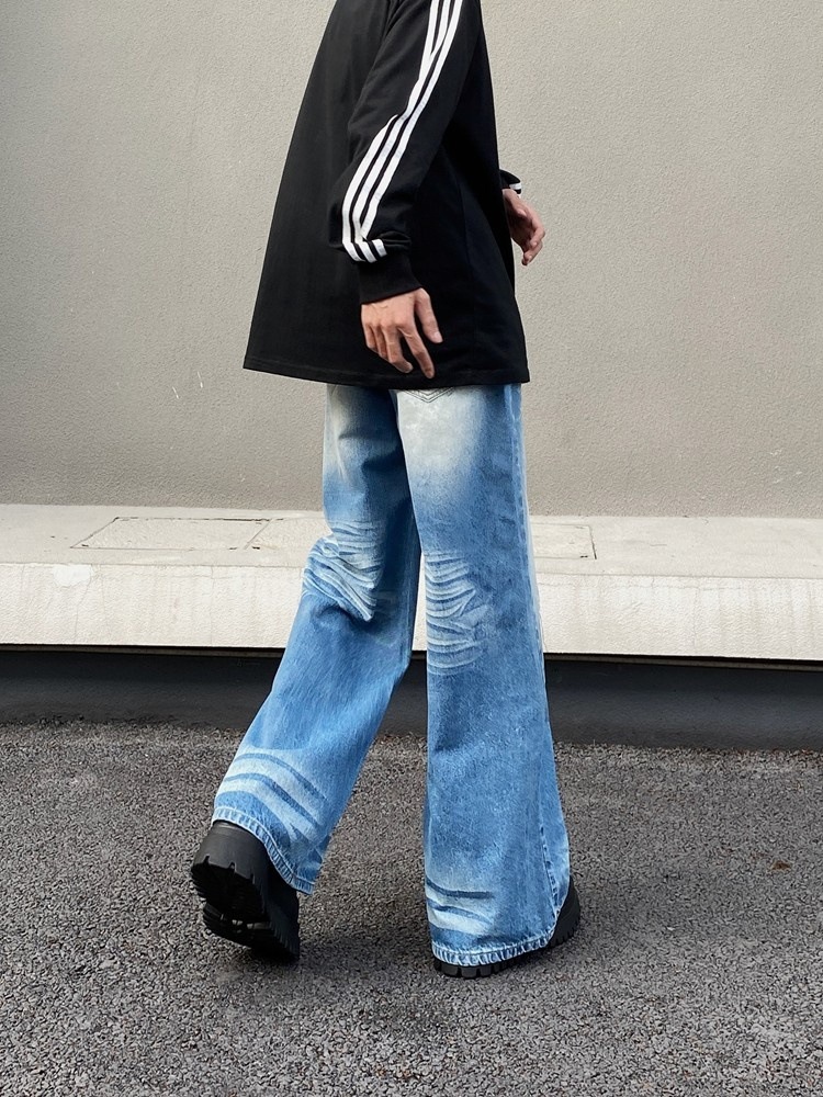 Vintage Washed Blue Wide Leg Jeans For Men & Women | Retro Loose Fit Straight Denim Pants | High Waist Comfort Styling_mkmklike.com