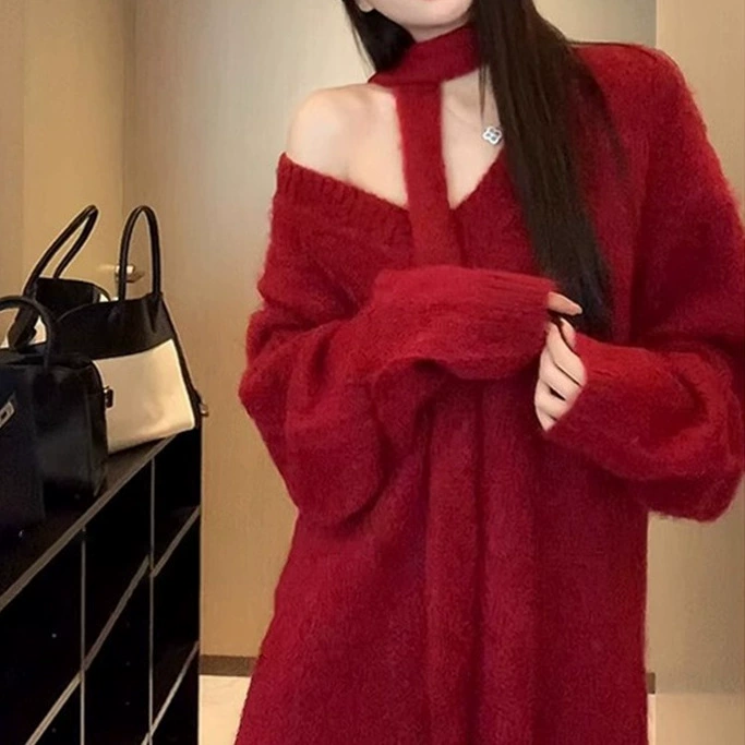 Рождество и Новый год носить красный свитер женский осень и зима 2024 новый внутренний нижний трикотаж