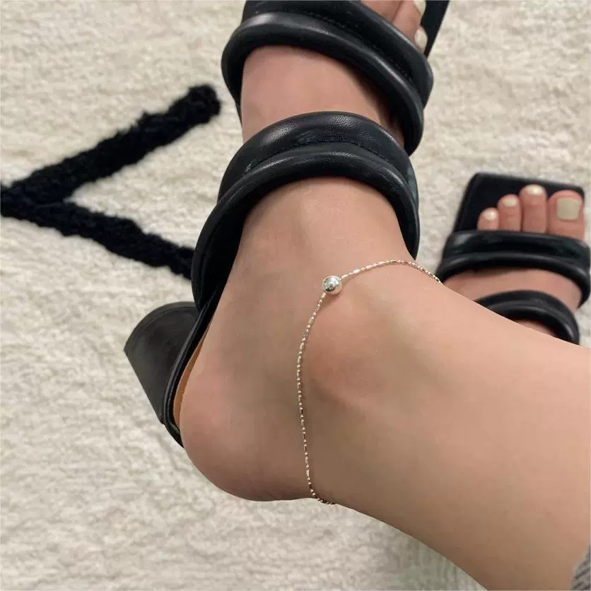 Ankle bracelet, silver round beads, chain, Korean style, silver 925 sample, simple and elegant design