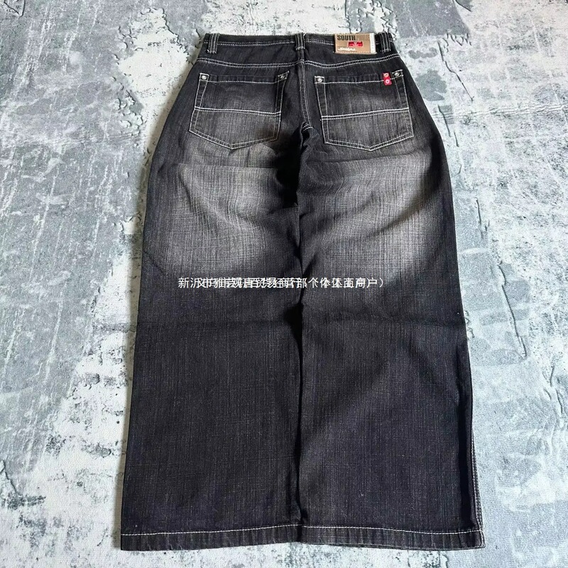 Popular European and American Cross-Border Southpole Retro Black and Gray Jeans for Men and Women, Y2K High Street Straight Wide-Leg Loose Fit