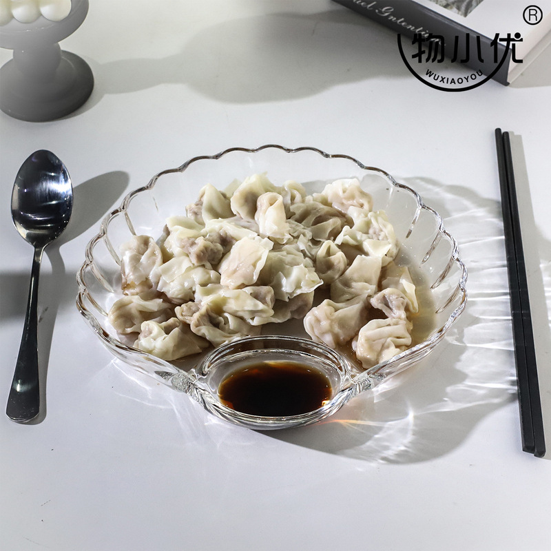 创意玻璃家用饺子盘带醋碟小吃零食水果盘小吃盘扇贝壳分餐盘礼品|undefined
