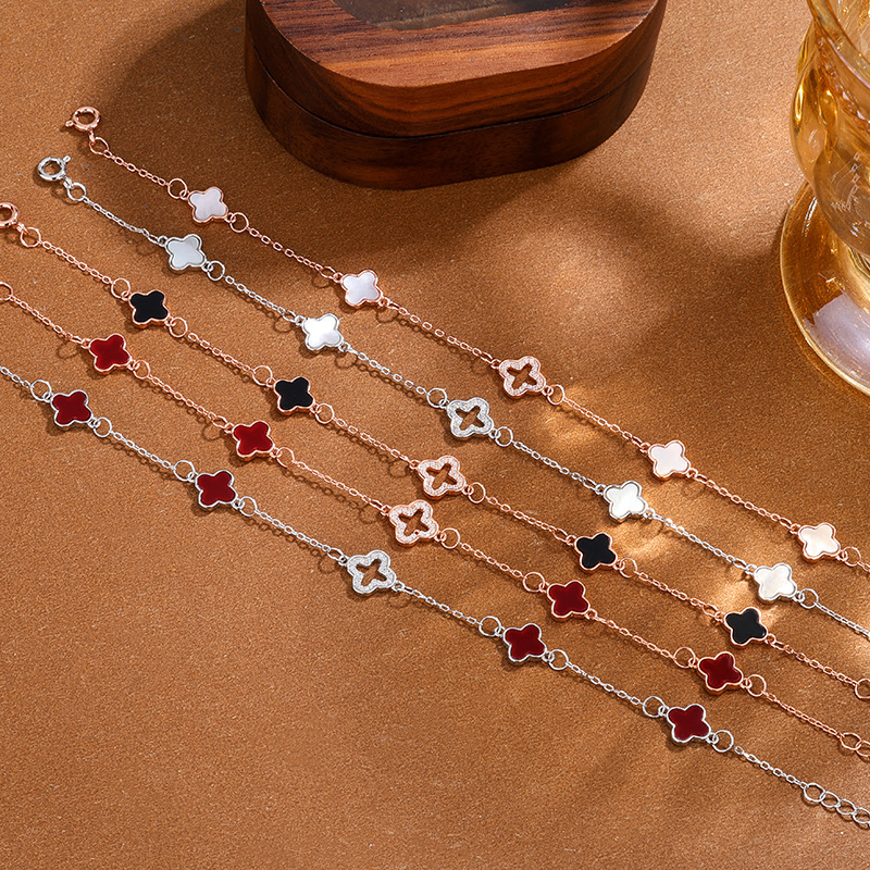 S925 Sterling Silver Natural Agate Four-Leaf Clover Bracelet for Women, Light Luxury, High-End Feel, Niche Design, Versatile, One-Piece Wholesale
