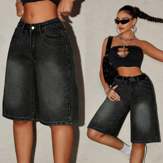 Amazon Tiktok Pinduoduo Foreign Trade Cross-Border European and American Hot Girl Style Knee-Length Denim Shorts Amazon Tiktok Pinduoduo Foreign Trade Cross-Border European and American Hot Girl Style Knee-Length Denim Shorts