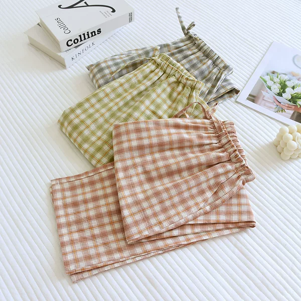 Spring and Summer New Couple's Plaid Pajama Pants, Pure Cotton Plain Home Pants, Men's Thin Air-Conditioning Long Pants, Women's Casual Pants