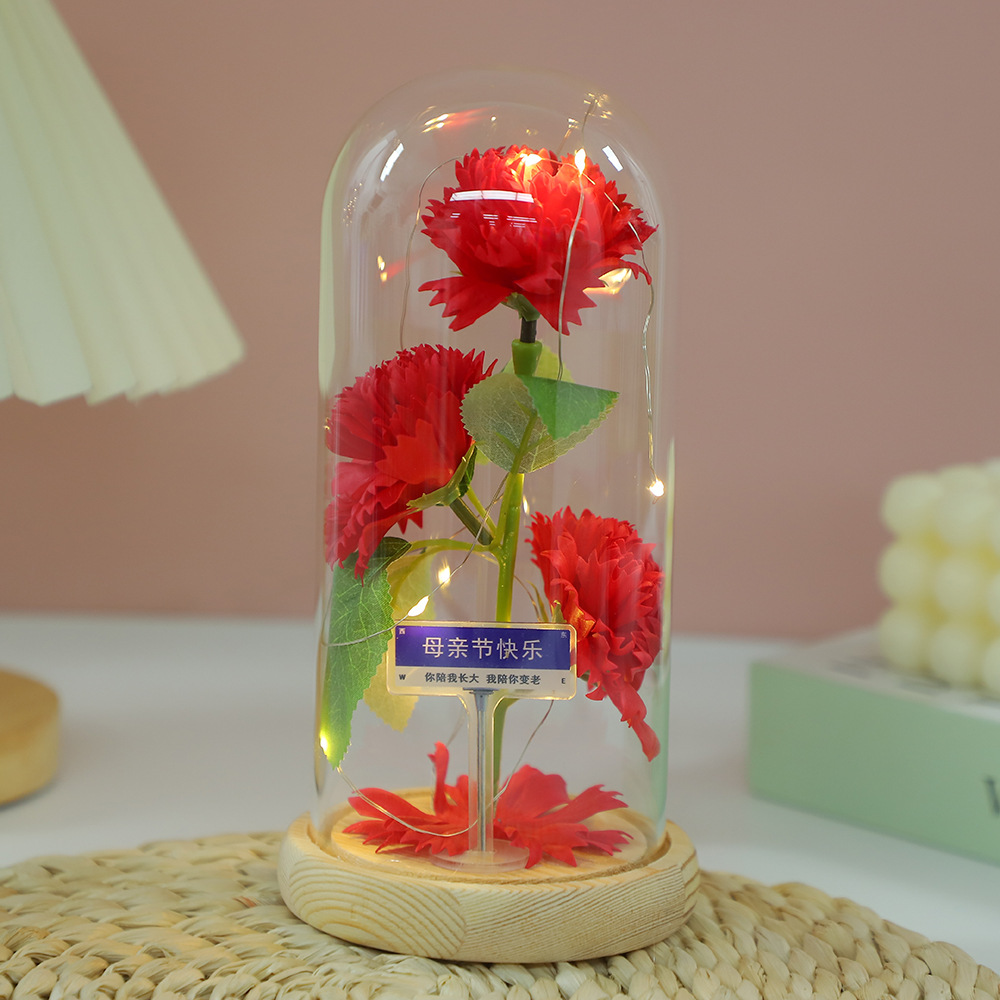 Fábrica al por mayor Flor eterna Cubierta de vidrio Clavel Caja de regalo Flor simulada Decoración de escritorio Día de la madre Regalo para mamá