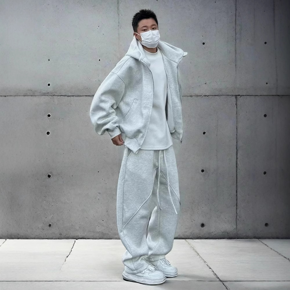 American High Street JACK suéter con capucha pesado para hombre, versión de otoño e invierno, chaqueta corta con cremallera de color sólido de base suelta