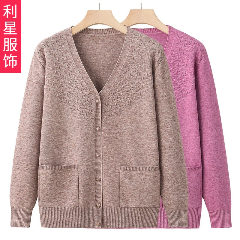 Женский свитер среднего и пожилого возраста, свитер с V-образным вырезом, 50-60 лет, Кардиган с длинным рукавом для мамы среднего возраста, весенне-осеннее пальто для пожилых людей