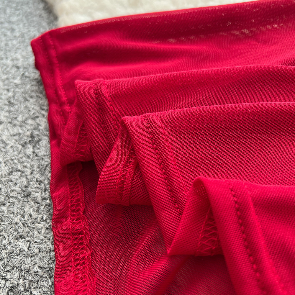 Elegant Red Short Sleeved Dress for Women Korean Style Pleated A-Line Long Skirt Sophisticated Flattering Slimming Work Dress_ecoleips.com